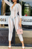 White Sexy Solid Mesh V Neck Skinny Jumpsuits