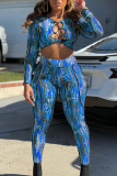 Blue Sexy Print Hollowed Out O Neck Long Sleeve Two Pieces