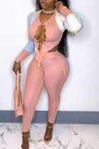 Pink Sexy Solid Hollowed Out Patchwork Frenulum Asymmetrical O Neck Long Sleeve Two Pieces