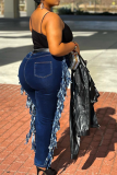 Dark Blue Casual Solid Tassel Ripped Plus Size Jeans