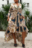Multicolor Fashion Plus Size Print Asymmetrical V Neck Long Sleeve Dresses