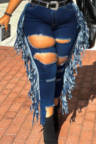 Dark Blue Casual Solid Tassel Ripped Plus Size Jeans