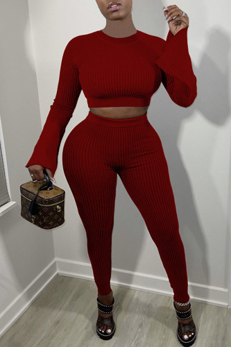 Burgundy Sexy Solid Patchwork O Neck Long Sleeve Two Pieces