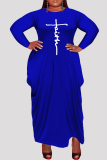 Dark Blue Fashion Casual Plus Size Print Asymmetrical O Neck Long Sleeve Dresses