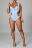 Light Blue Sexy Solid Hollowed Out Patchwork Chains Swimwears