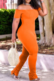 Orange Fashion Casual Solid Fold Off the Shoulder Regular Jumpsuits