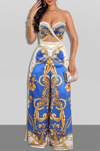 Blue Sexy Casual Print Hollowed Out Backless Strapless Regular Jumpsuits