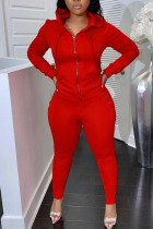 Red Casual Solid Split Joint Zipper Hooded Collar Long Sleeve Two Pieces