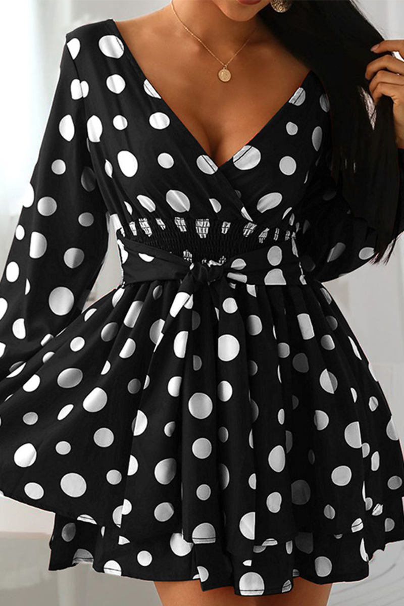 Wholesale Black Casual Dot Patchwork V Neck Cake Skirt Dresses K29164-1 ...