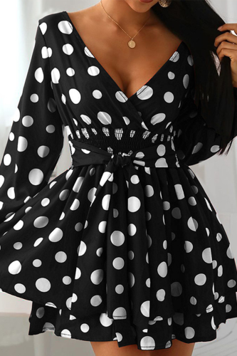 Black Casual Dot Patchwork V Neck Cake Skirt Dresses