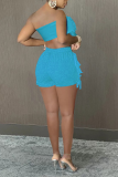 Blue Sexy Solid Tassel Strapless Sleeveless Two Pieces