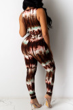 Blue Sexy Print Tie Dye Hollowed Out Patchwork Frenulum V Neck Skinny Jumpsuits