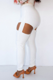 White Fashion Casual Solid Ripped Hollowed Out High Waist Skinny Jeans