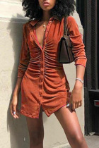 Tangerine Red Casual Solid Patchwork Buckle Turndown Collar Shirt Dress Dresses