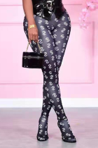 Dark Blue Sexy Print Patchwork Skinny Mid Waist Pencil Full Print Bottoms