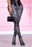 White Sexy Print Patchwork Skinny Mid Waist Pencil Full Print Bottoms