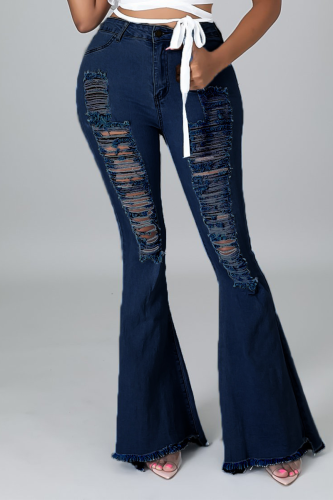 The cowboy blue Sexy Solid Ripped Mid Waist Boot Cut Denim Jeans