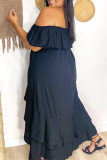 Tibetan Blue Fashion Casual Plus Size Solid Backless Off the Shoulder Short Sleeve Dress