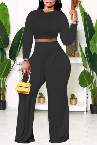 Black Casual Solid Patchwork O Neck Plus Size Two Pieces