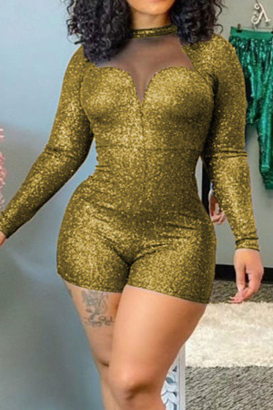 Gold Sexy Solid Patchwork O Neck Skinny Jumpsuits