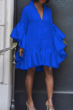 Blue Casual Solid Patchwork V Neck Cake Skirt Dresses