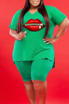 Green Casual Print Patchwork Slit V Neck Plus Size Two Pieces