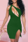 Green Sexy Solid Hollowed Out Halter Pencil Skirt Dresses