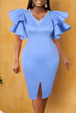 Sky Blue Elegant Solid Patchwork Flounce Beading Fold V Neck Evening Dress Dresses