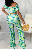 Green Sexy Print Patchwork Off the Shoulder Half Sleeve Two Pieces