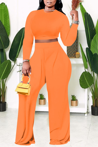 Orange Casual Solid Patchwork O Neck Plus Size Two Pieces