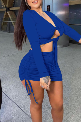 Blue Sexy Solid Hollowed Out Patchwork Draw String Fold Knotted V Neck Long Sleeve Two Pieces