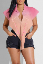 Pink Sexy Print Patchwork Buckle Asymmetrical Turndown Collar Tops