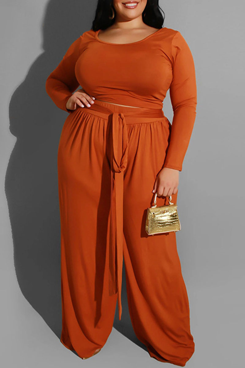Fashion Orange Casual Solid With Belt O Neck Plus Size Two Pieces For ...