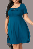 Deep Blue Casual Solid Split Joint Square Collar Cake Skirt Plus Size Dresses
