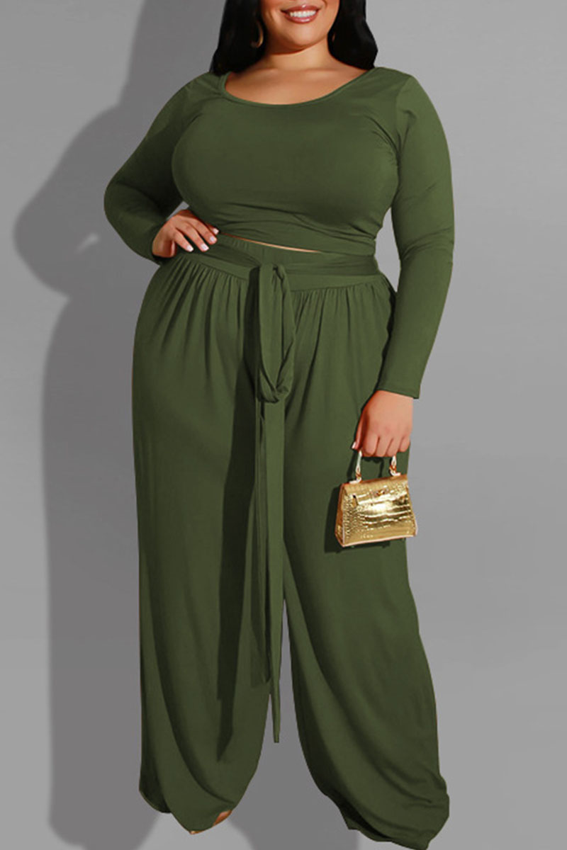 Wholesale Army Green Casual Solid With Belt O Neck Plus Size Two Pieces ...