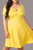 Pink Casual Solid Split Joint Square Collar Cake Skirt Plus Size Dresses