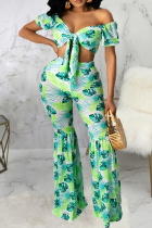 Green Sexy Print Split Joint Off the Shoulder Half Sleeve Two Pieces