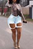 Baby Blue Sexy Solid Ripped Mid Waist Skinny Denim Shorts