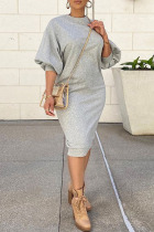 Grey Casual Solid Patchwork O Neck Straight Dresses