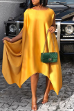 Yellow Casual Solid Patchwork O Neck Irregular Dress Dresses