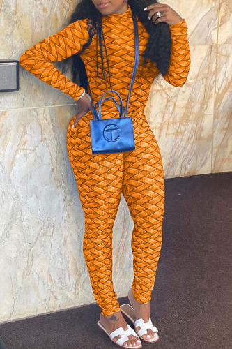 Tangerine Casual Print Patchwork Half A Turtleneck Skinny Jumpsuits