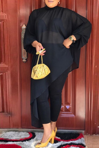 Black Sexy Casual Solid See-through Asymmetrical Half A Turtleneck Tops (Without Belt)