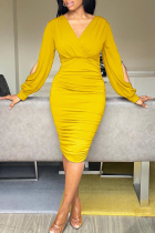 Yellow Sexy Solid Hollowed Out V Neck Pencil Skirt Dresses