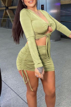 Light Green Sexy Solid Hollowed Out Patchwork Draw String Fold Knotted V Neck Long Sleeve Two Pieces
