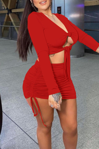 Red Sexy Solid Hollowed Out Patchwork Draw String Fold Knotted V Neck Long Sleeve Two Pieces