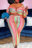 Multicolor Sexy Striped Print Patchwork V Neck Plus Size Two Pieces