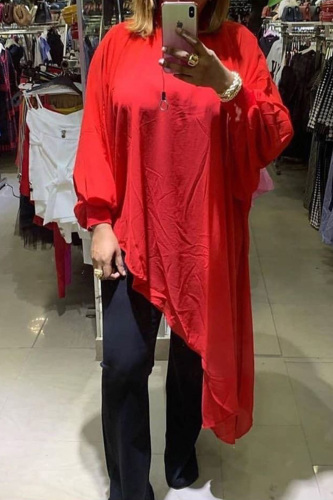Red Sexy Casual Solid See-through Asymmetrical Half A Turtleneck Tops (Without Belt)