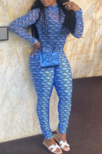 Blue Casual Print Patchwork Half A Turtleneck Skinny Jumpsuits