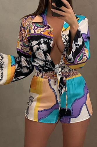 Black Casual Print Patchwork Turndown Collar Long Sleeve Two Pieces