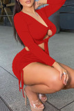 Red Sexy Solid Hollowed Out Patchwork Draw String Fold Knotted V Neck Long Sleeve Two Pieces